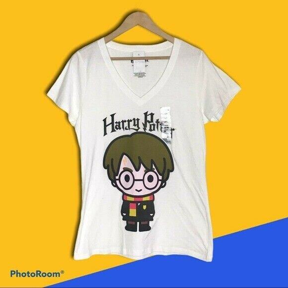 Harry Potter NWT Women's Junior Large White V-Neck 100% Cotton Graphic Shirt - Picture 1 of 7